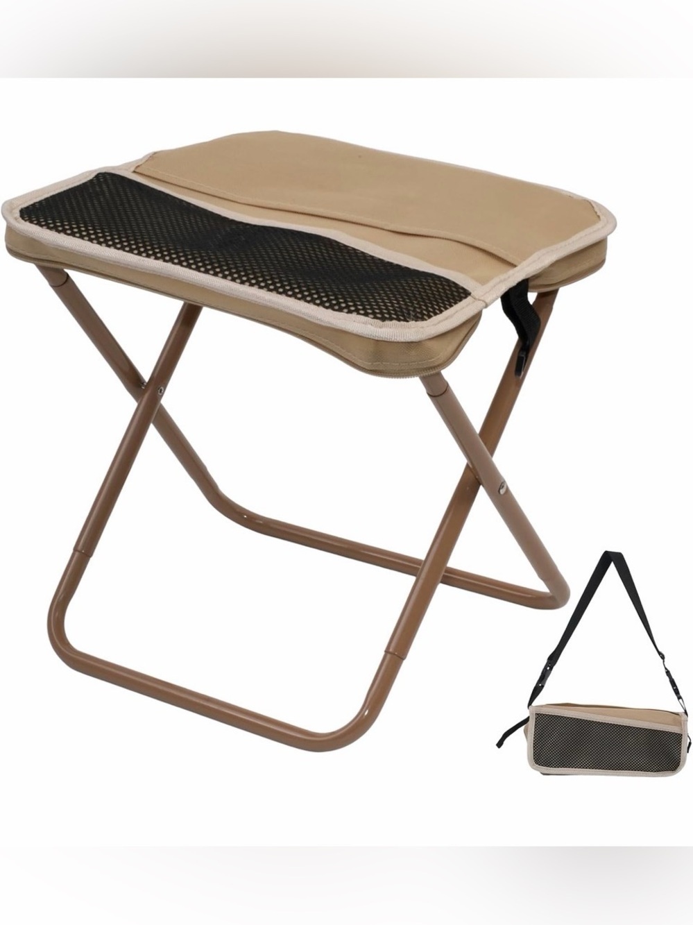 Portable Folding Camp Stool in Tan with Black Mesh